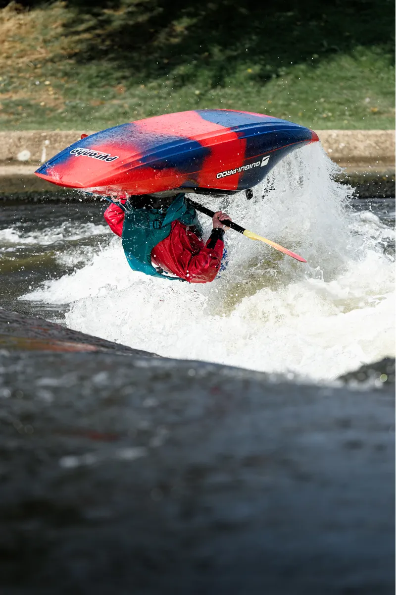 2025 Pyranha x GuiGui Helectron Freestyle Kayak in Rosella Red-4